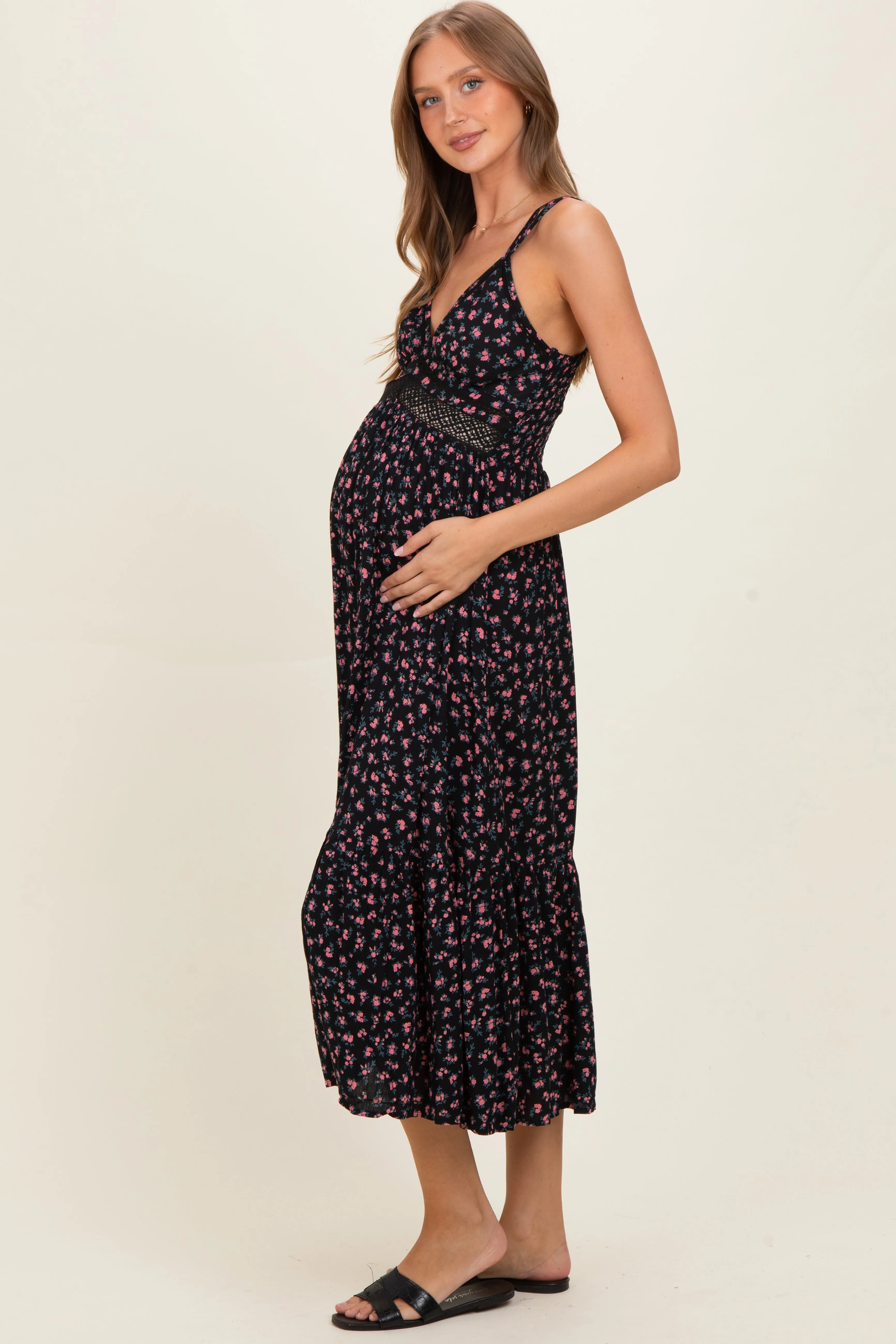 Black Floral Lace Detail Strappy Maternity Maxi Dress sold by Pinkblush product image thumbnail 2