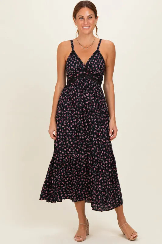 Black Floral Lace Detail Strappy Maxi Dress made by Angie