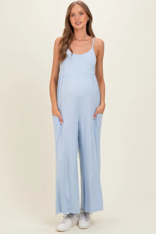 Mist Blue Sleeveless Wide Leg Maternity Jumpsuit made by Rae Mode