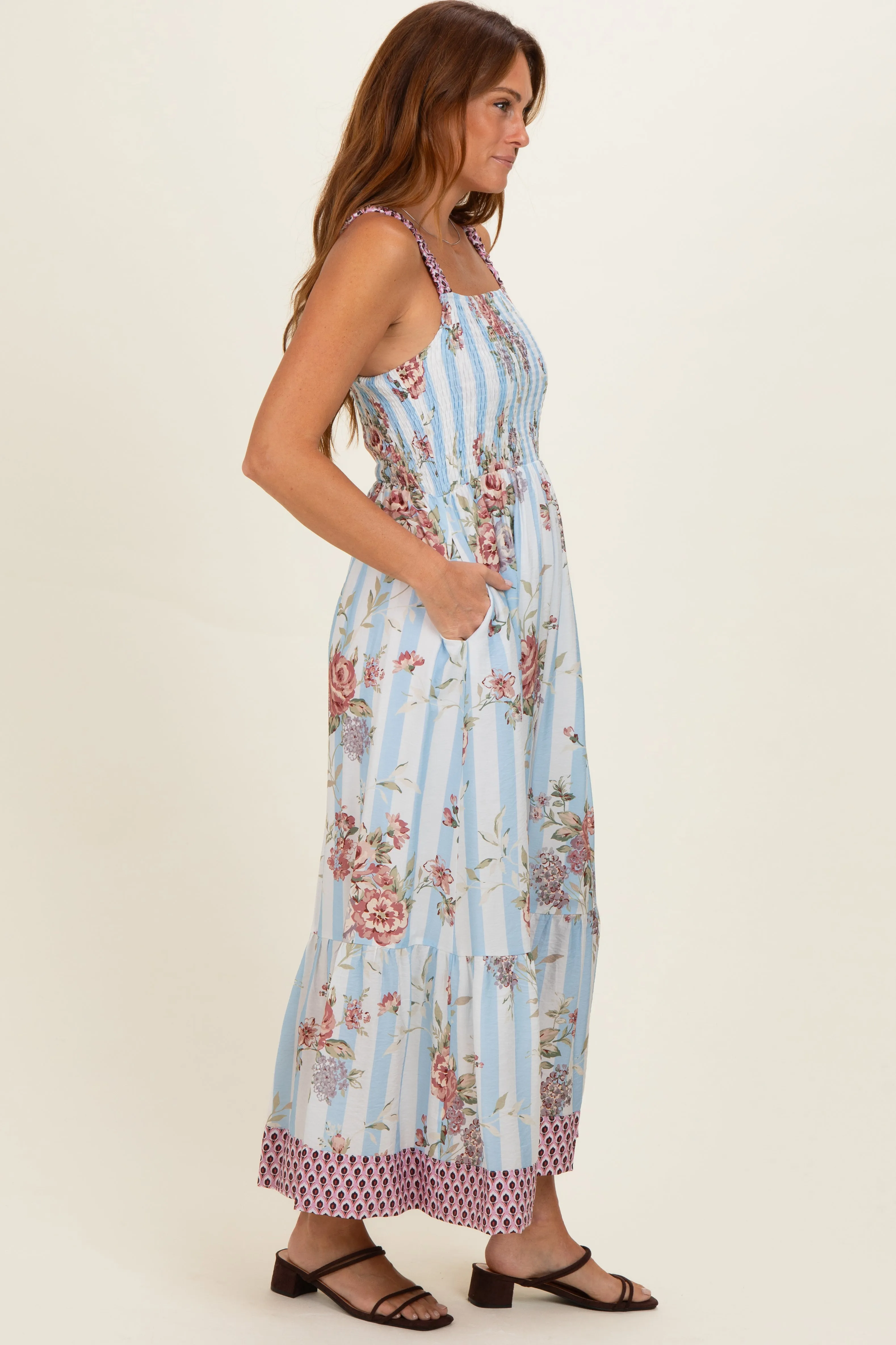 French Blue Floral Striped Contrast Strap Maxi Dress sold by Pinkblush product image thumbnail 2