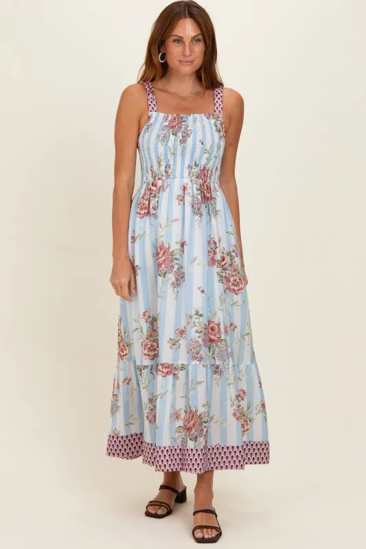 French Blue Floral Striped Contrast Strap Maxi Dress made by Pinkblush