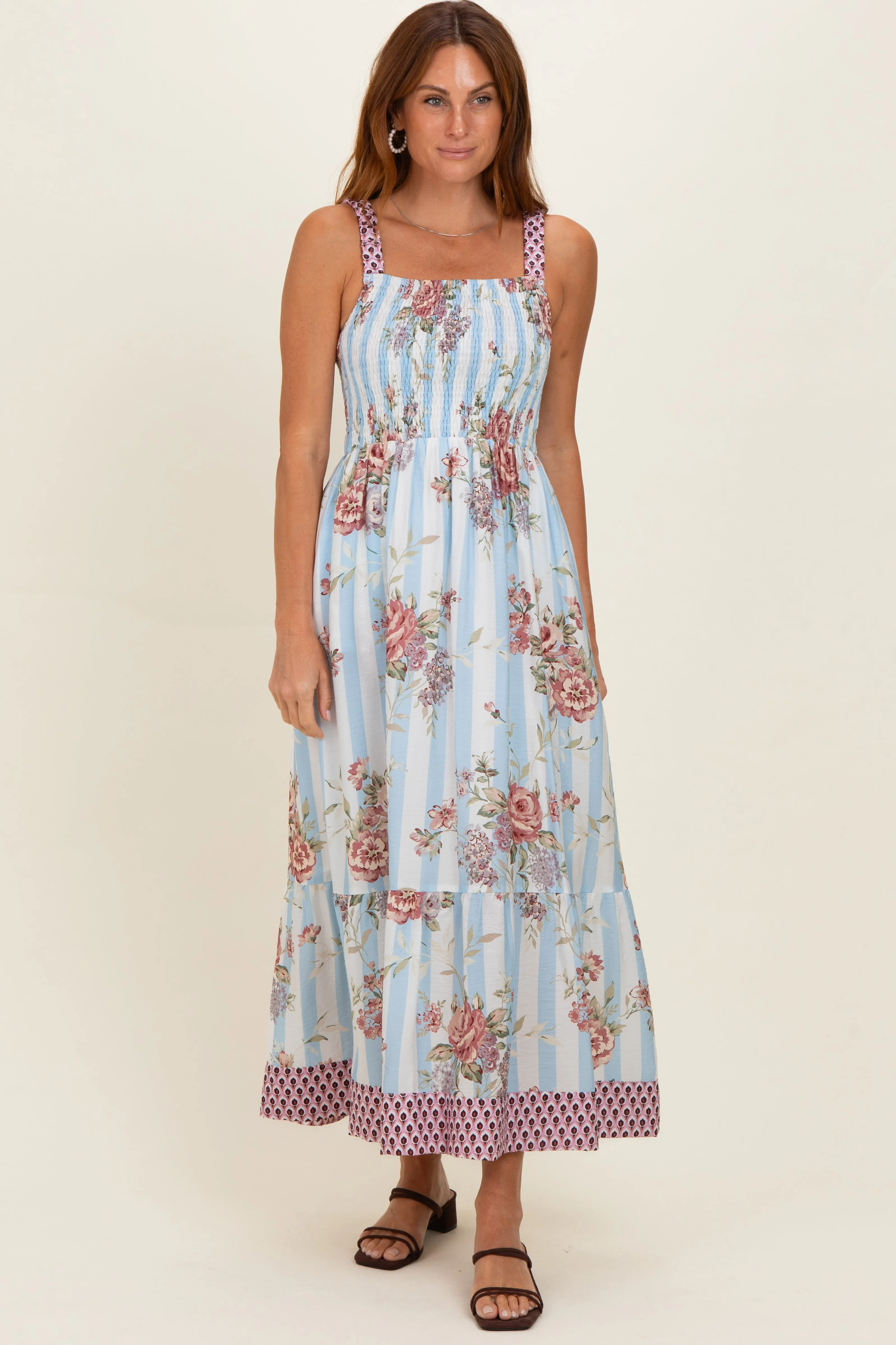 French Blue Floral Striped Contrast Strap Maxi Dress sold by Pinkblush