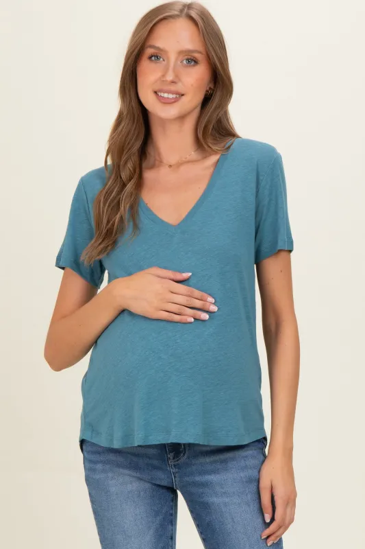 Teal Linen Blend V-Neck Short Sleeve Maternity T-Shirt made by BE COOL