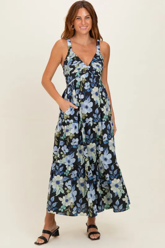 Black Floral Pleated Bust Tiered Maxi Dress made by Pinkblush