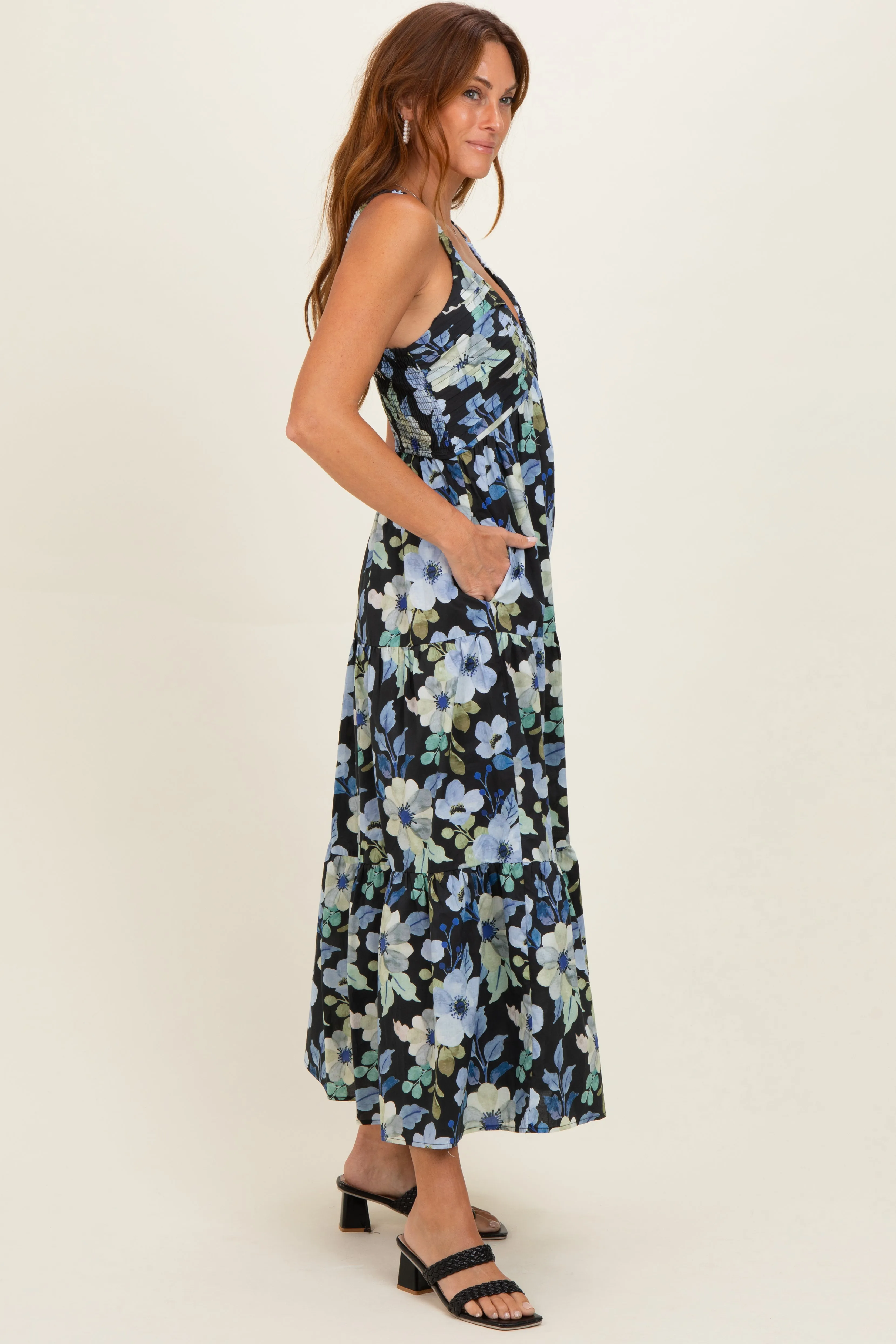 Black Floral Pleated Bust Tiered Maxi Dress sold by Pinkblush product image thumbnail 2
