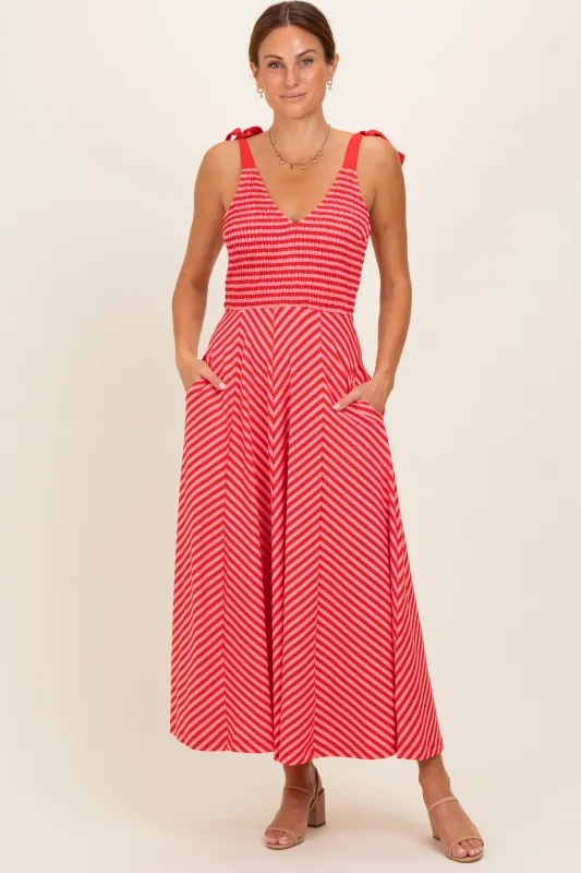 Red Striped Smocked Shoulder Tie Midi Dress made by entro