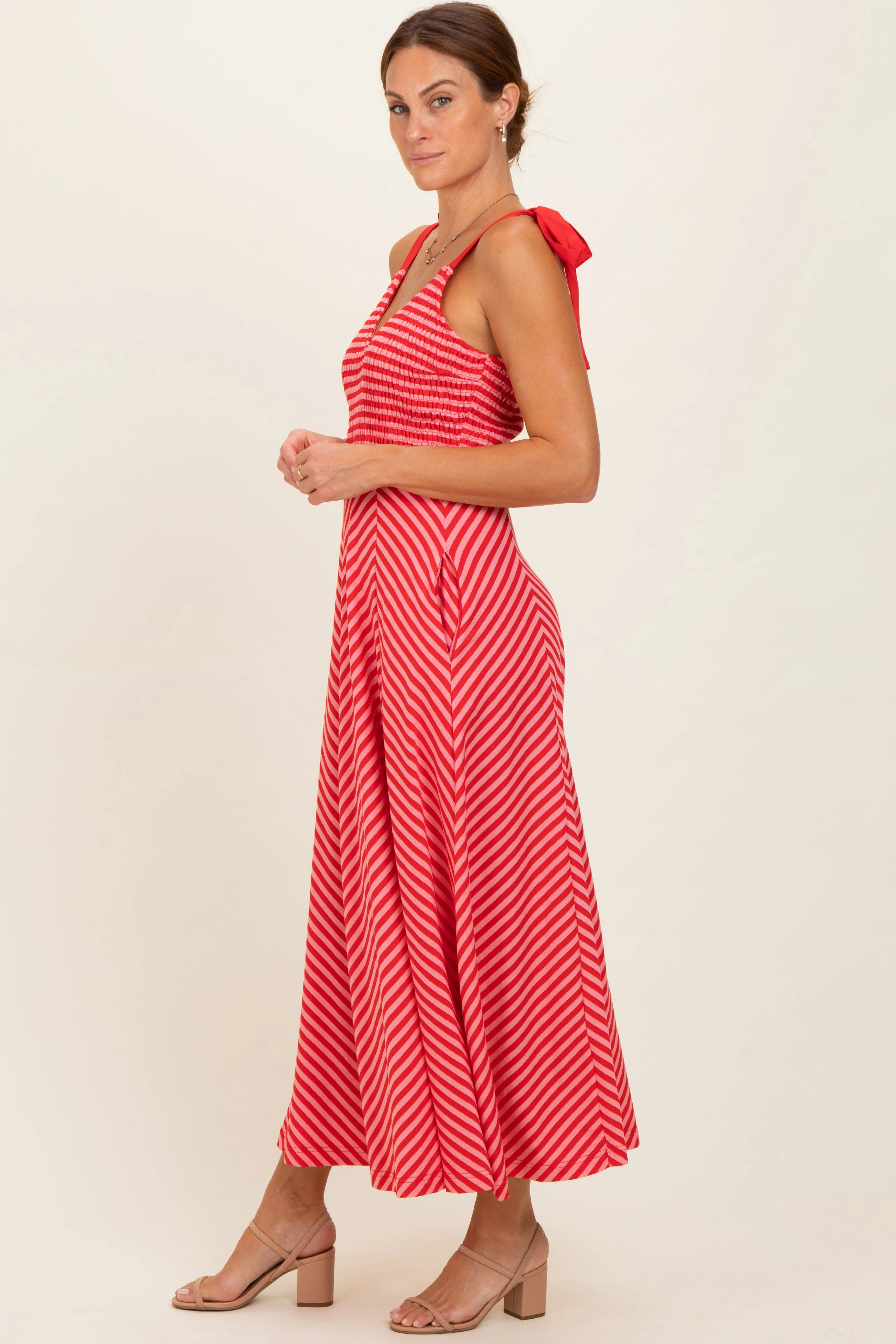 Red Striped Smocked Shoulder Tie Midi Dress sold by Pinkblush product image thumbnail 2
