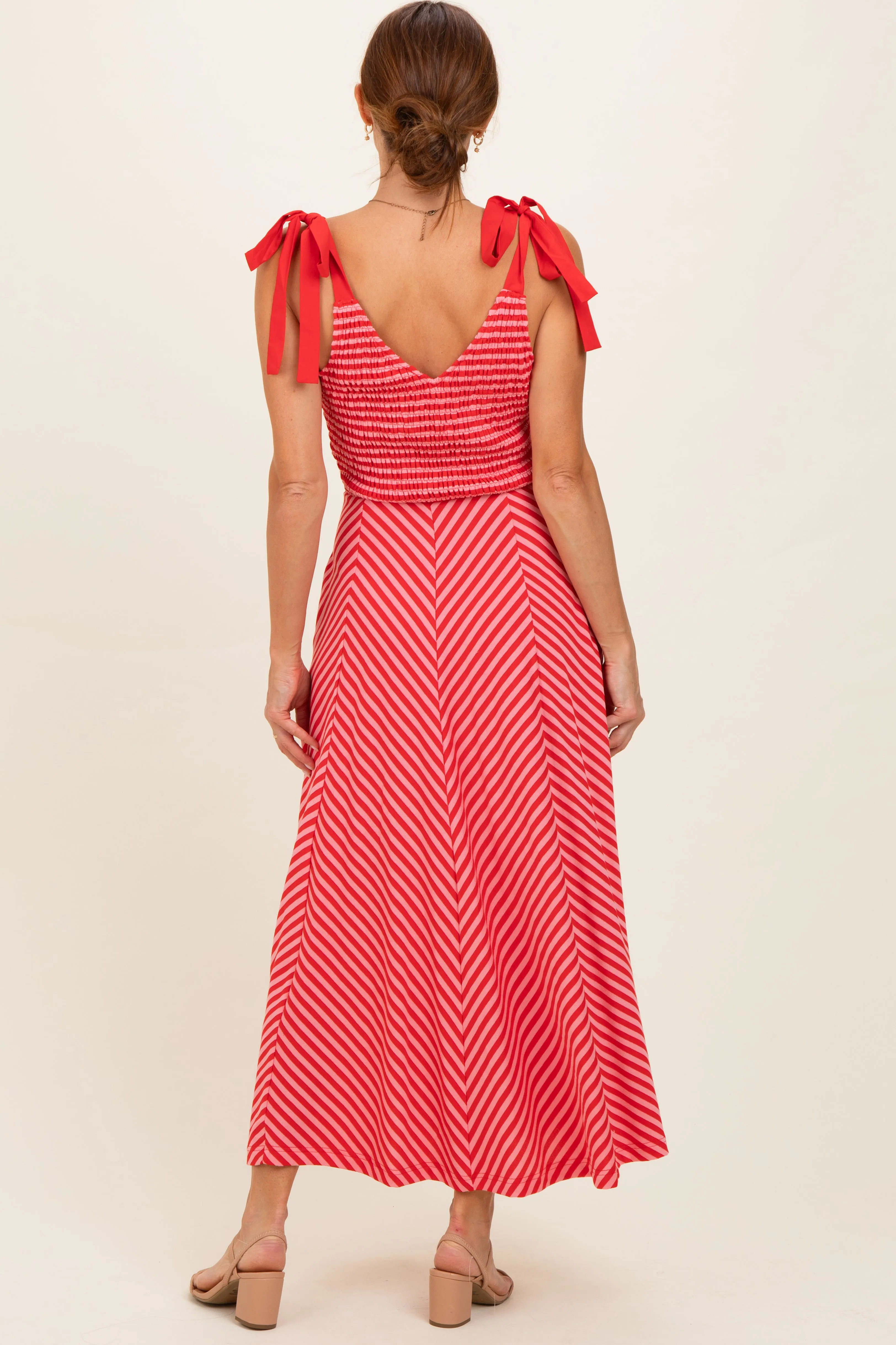 Red Striped Smocked Shoulder Tie Midi Dress sold by Pinkblush product image thumbnail 3