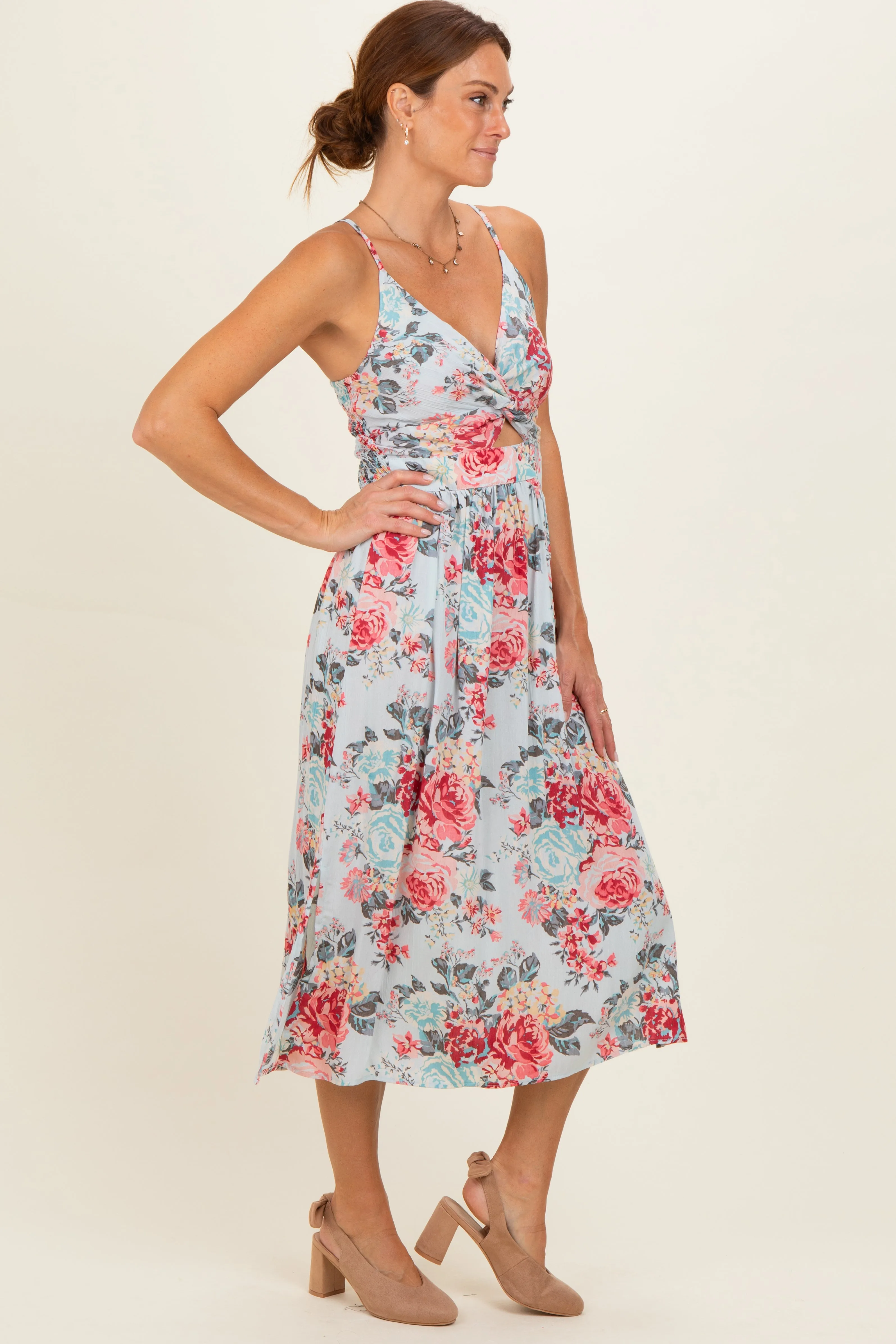 Blue Floral Twisted Front Cutout Midi Dress sold by Pinkblush product image thumbnail 2
