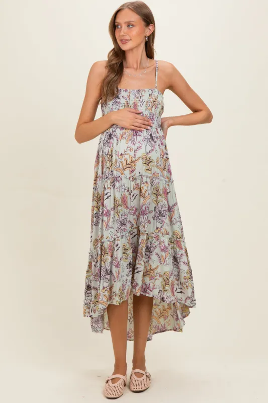 Celedon Smocked Bust Tiered Slight Hi Lo Hem Maternity Maxi Dress made by Angie