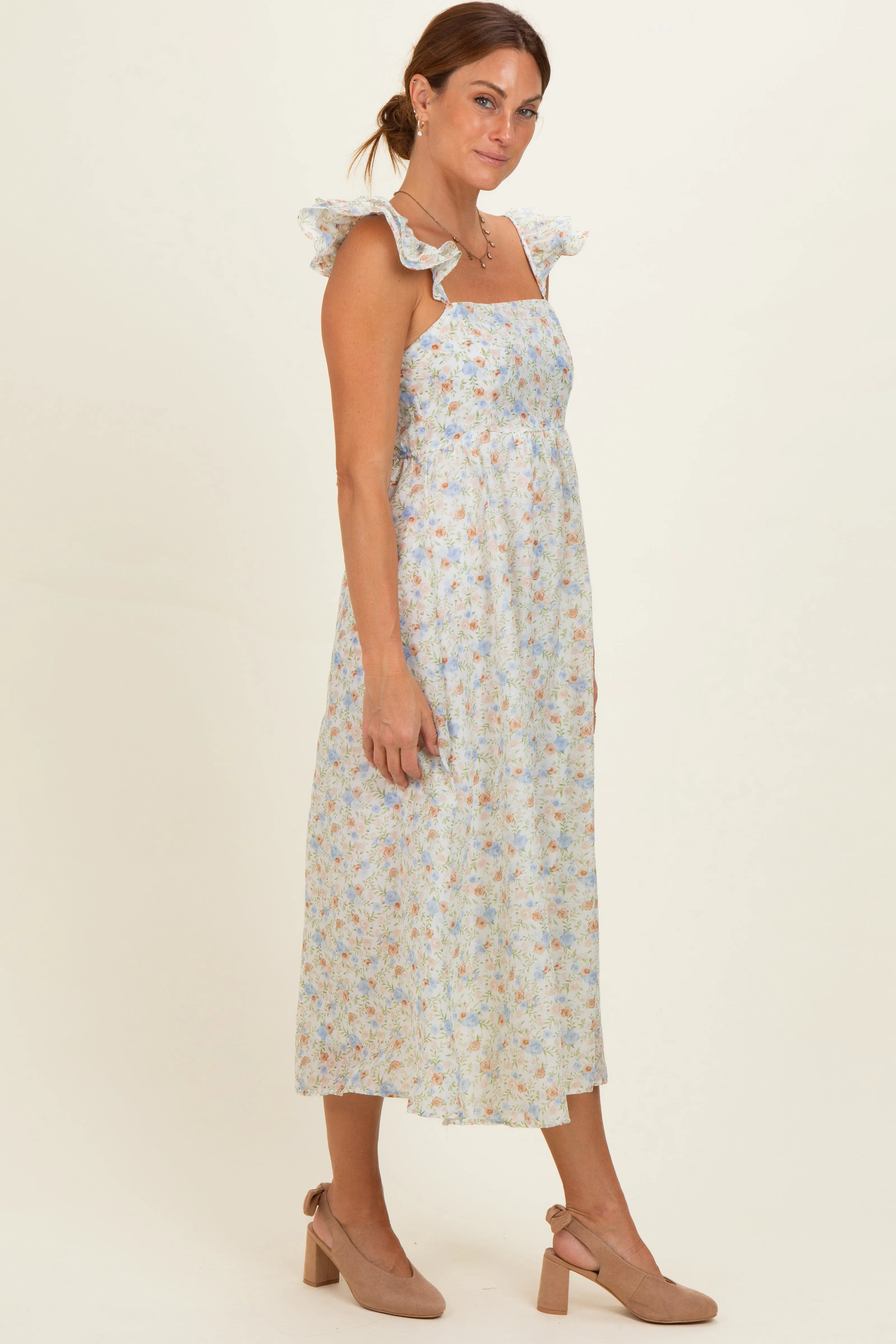 Ivory Floral Ruffle Strap Midi Dress sold by Pinkblush product image thumbnail 2