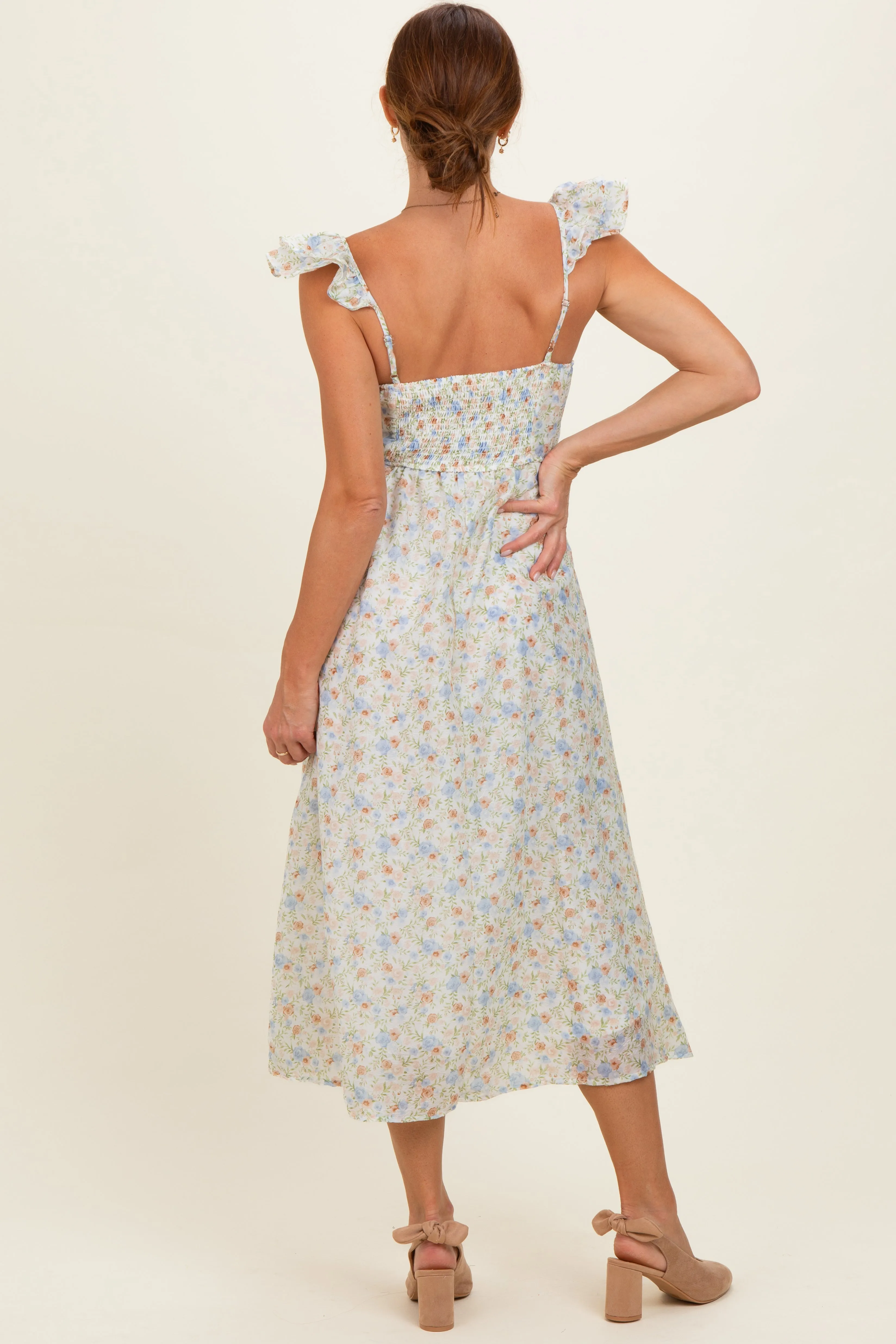 Ivory Floral Ruffle Strap Midi Dress sold by Pinkblush product image thumbnail 3