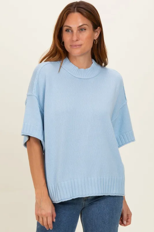 Light Blue Oversized Mock Neck Short Sleeve Sweater made by Pinkblush