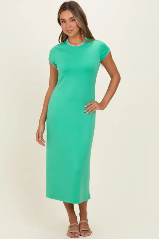 Green Contrast Trim Short Sleeve Midi Dress made by entro