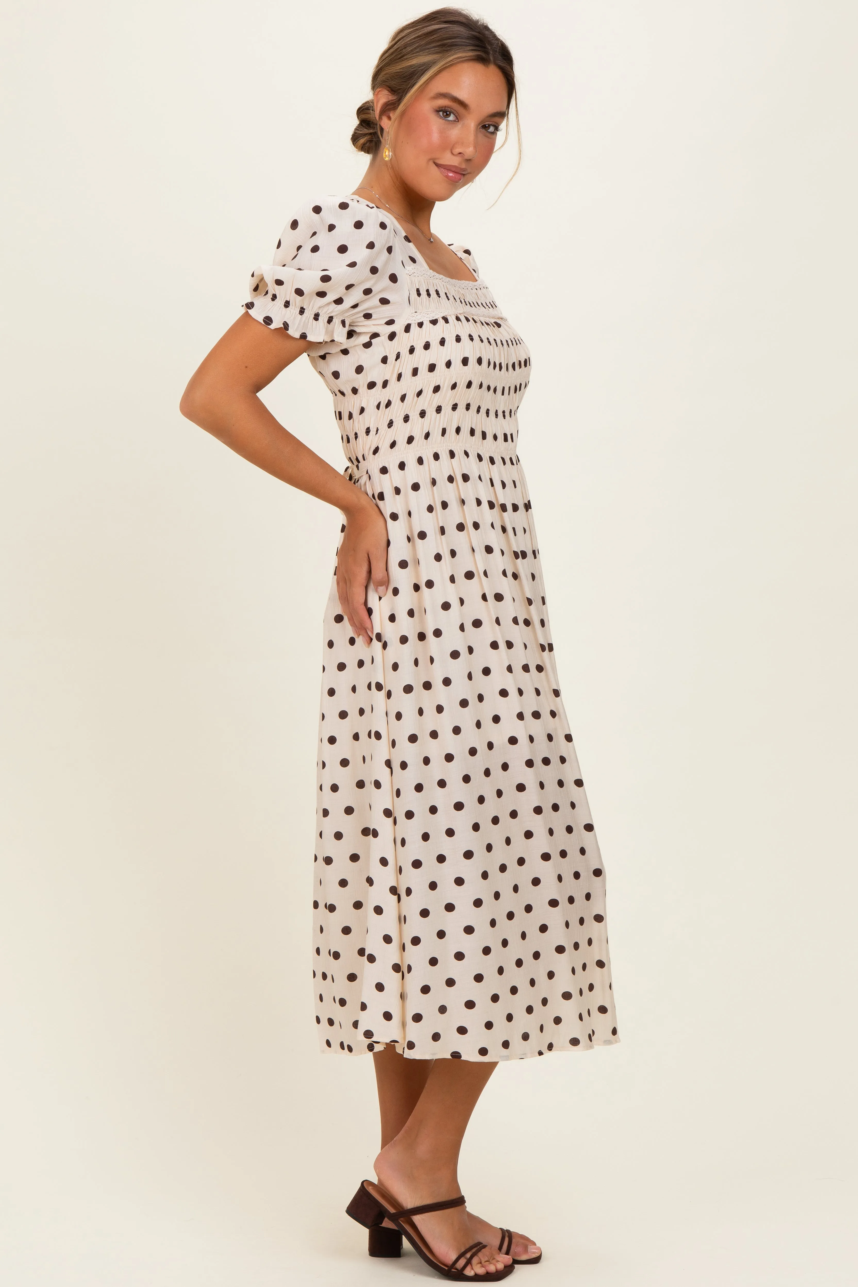 Ecru Polka Dot Smocked Midi Dress sold by Pinkblush product image thumbnail 3