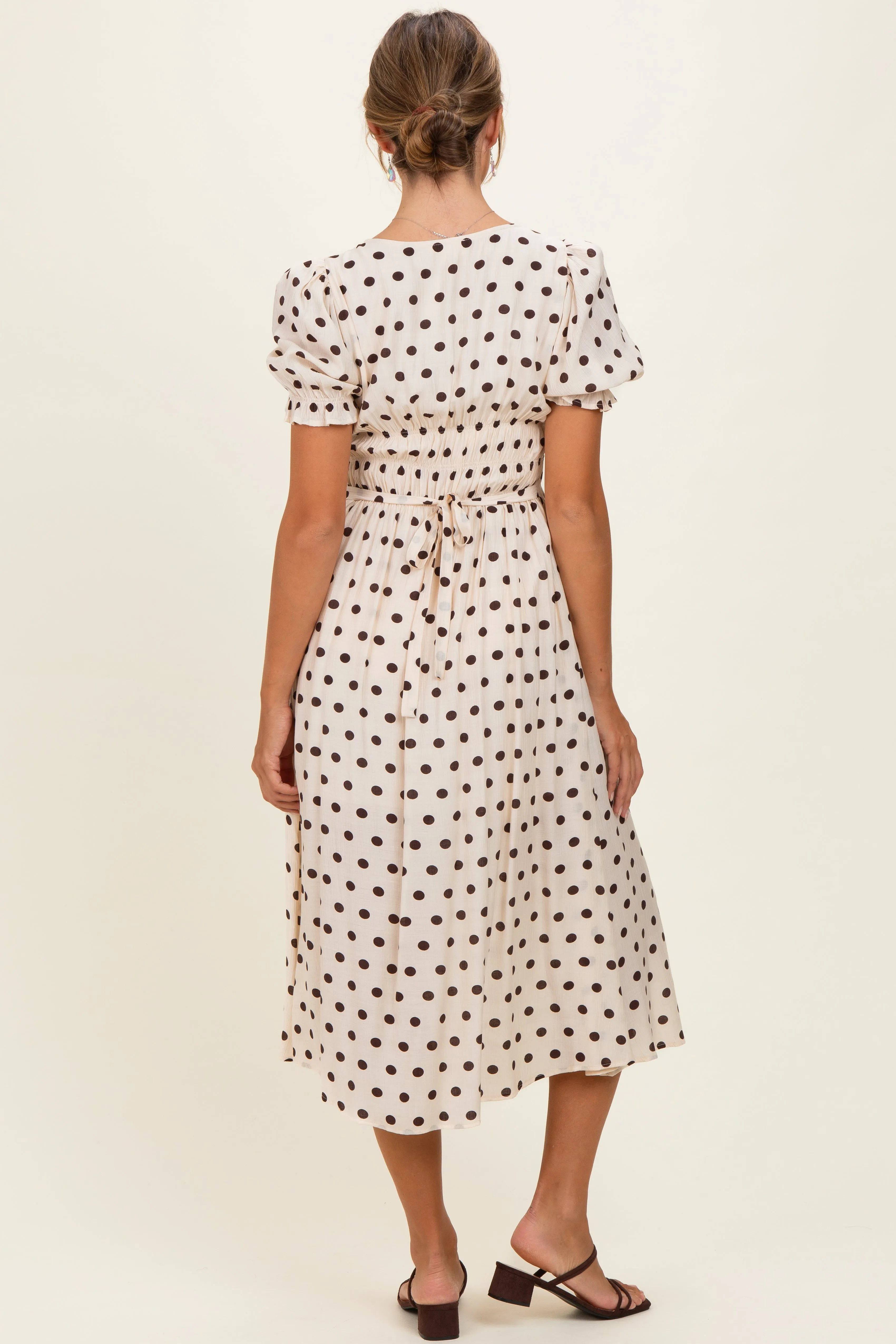 Ecru Polka Dot Smocked Midi Dress sold by Pinkblush product image thumbnail 4