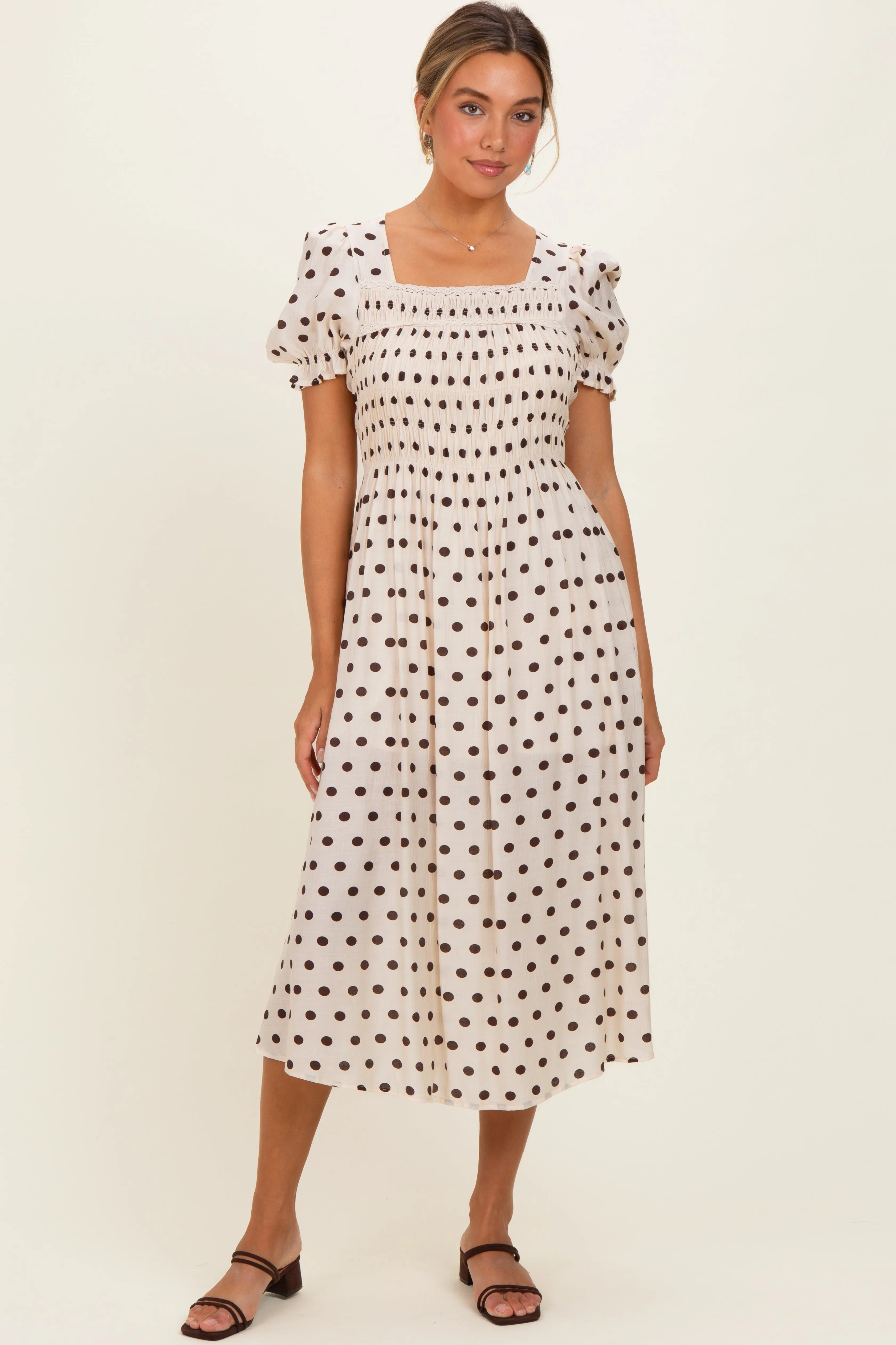 Ecru Polka Dot Smocked Midi Dress sold by Pinkblush
