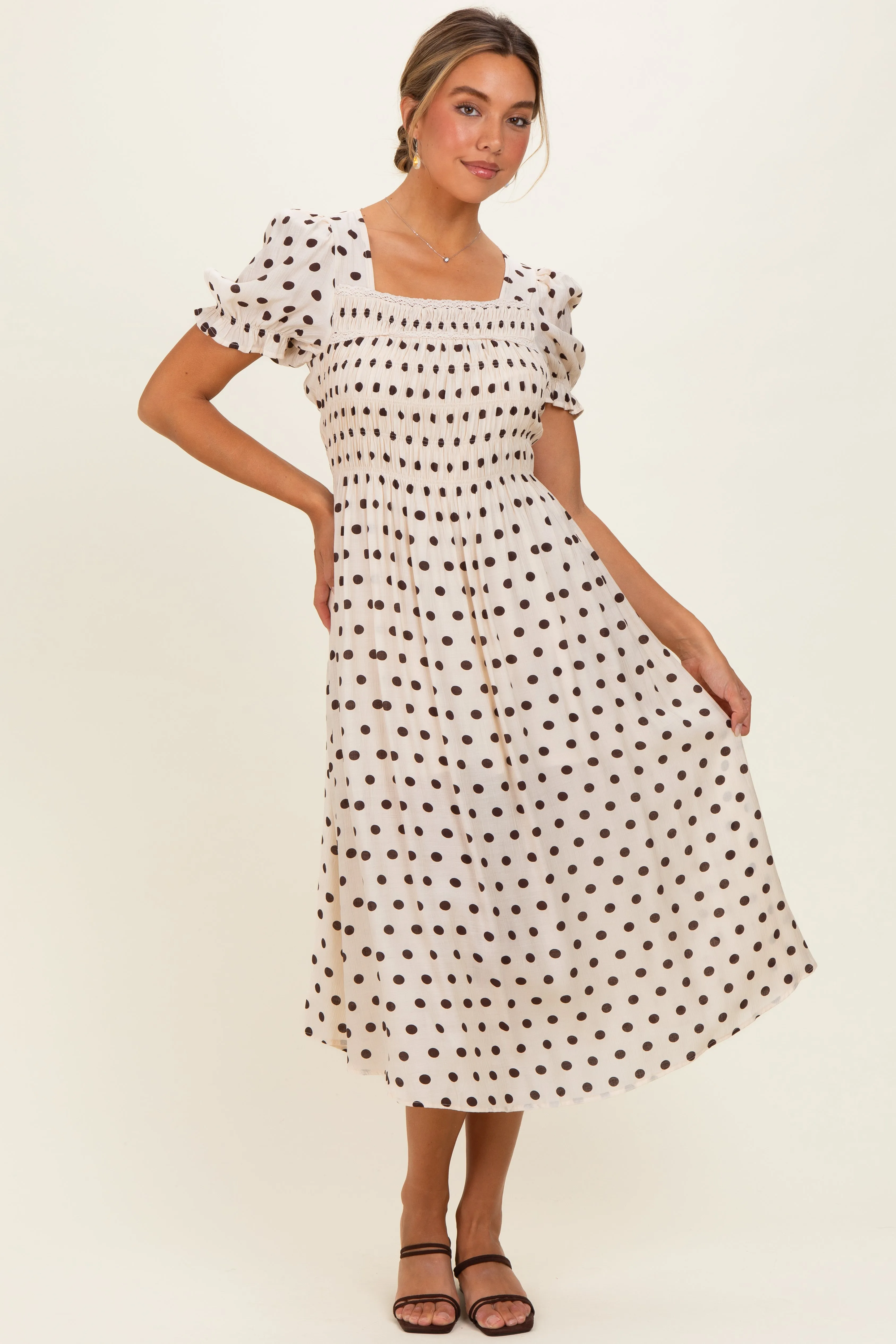 Ecru Polka Dot Smocked Midi Dress sold by Pinkblush product image thumbnail 2