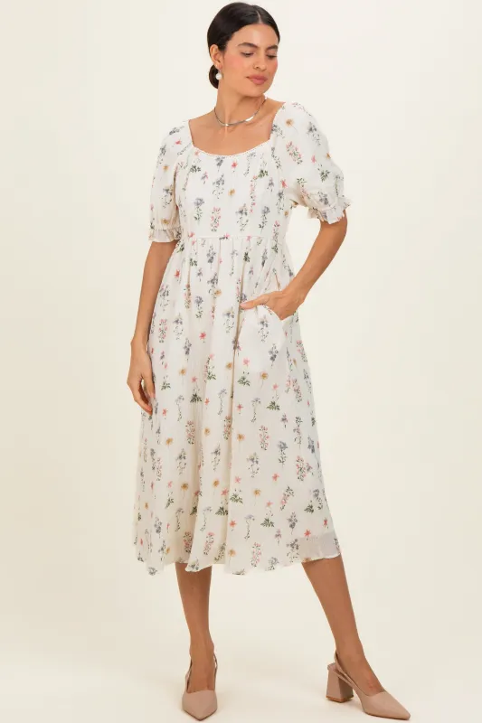 Ivory Floral Sweetheart Neckline Midi Dress made by Pinkblush