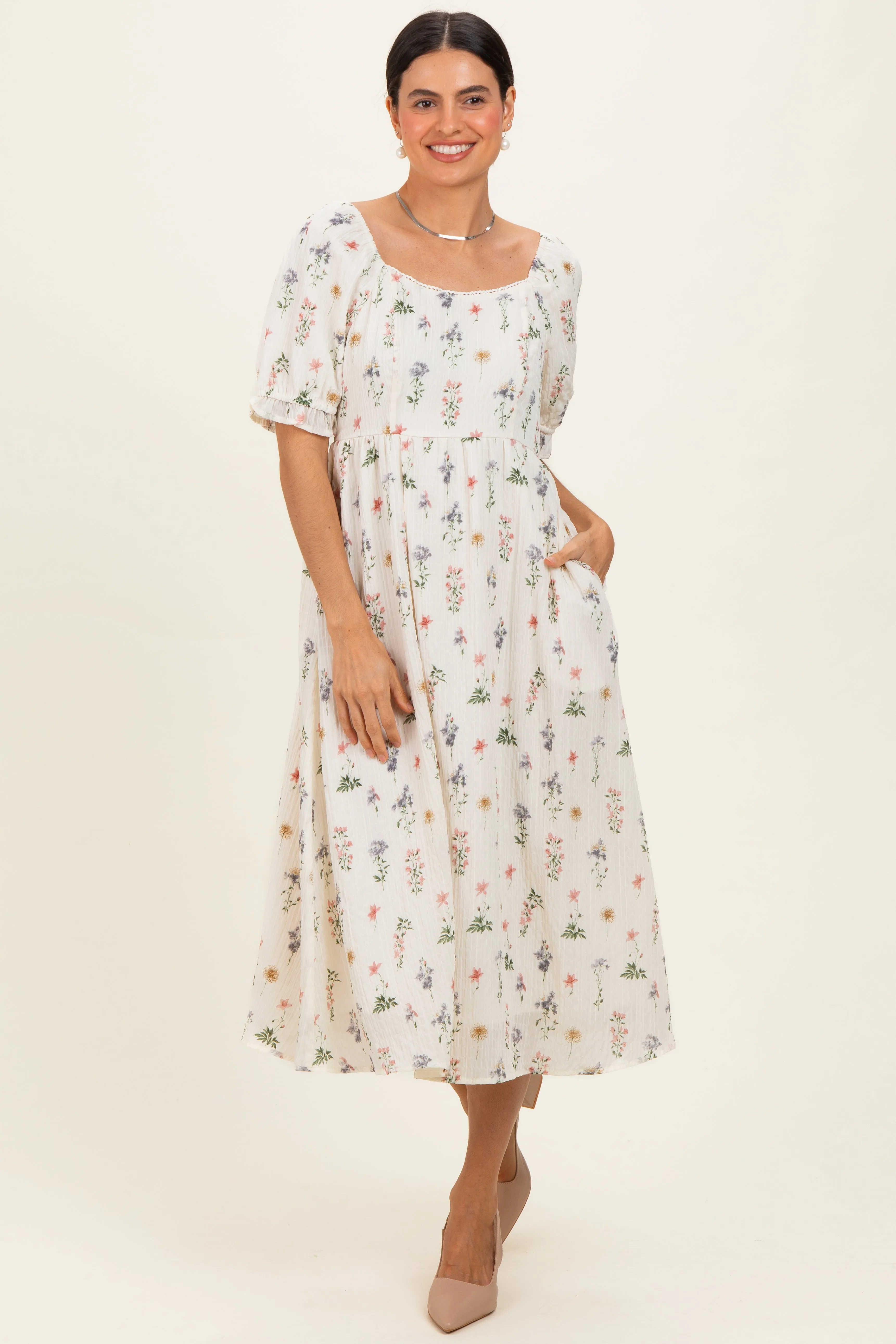 Ivory Floral Sweetheart Neckline Midi Dress sold by Pinkblush product image thumbnail 2