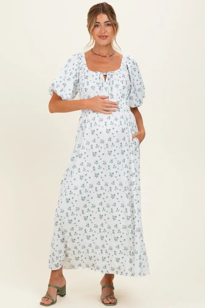 Ivory Floral Puff Sleeve Tie Front Maternity Midi Dress sold by Pinkblush