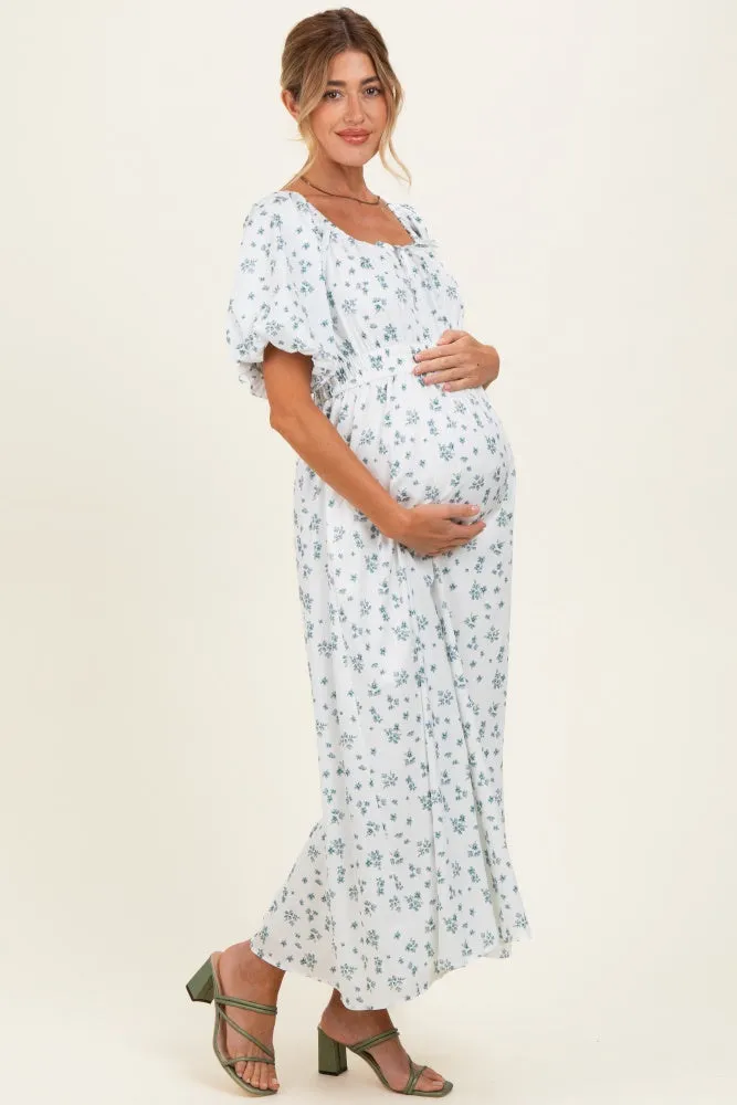 Ivory Floral Puff Sleeve Tie Front Maternity Midi Dress sold by Pinkblush product image thumbnail 2