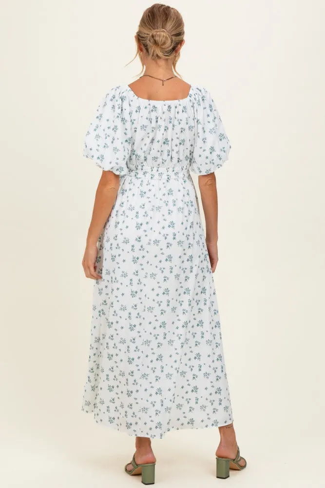 Ivory Floral Puff Sleeve Tie Front Maternity Midi Dress sold by Pinkblush product image thumbnail 3