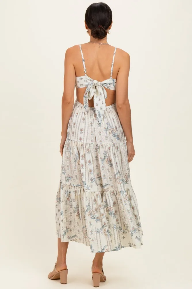 Ivory Floral Tiered Front Tie Midi Dress sold by Pinkblush product image thumbnail 3