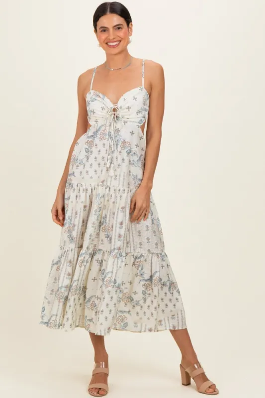 Ivory Floral Tiered Front Tie Midi Dress made by Aakaa