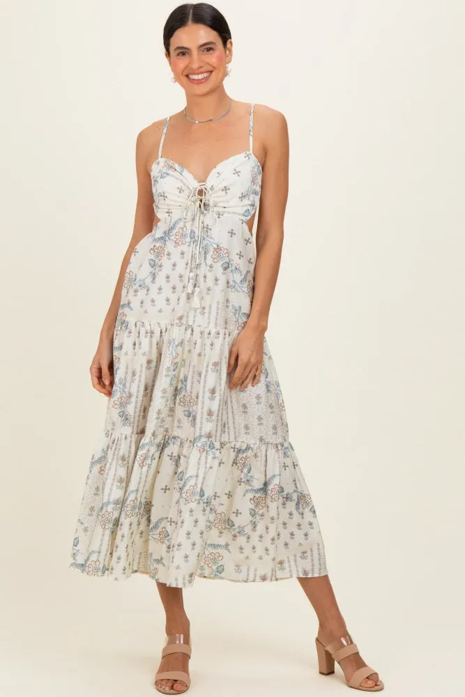 Ivory Floral Tiered Front Tie Midi Dress sold by Pinkblush
