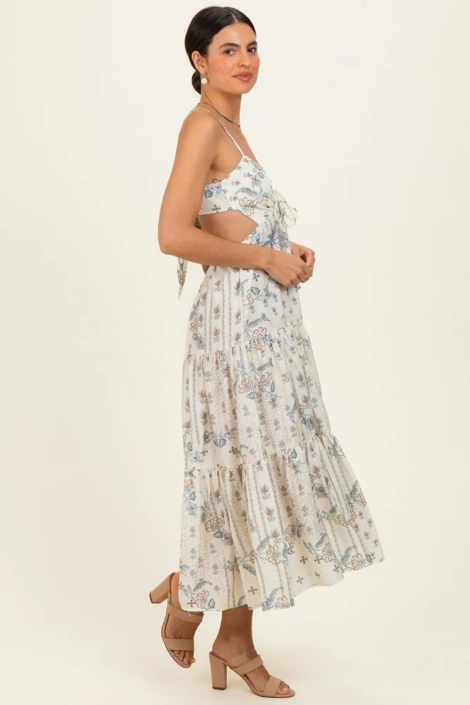 Ivory Floral Tiered Front Tie Midi Dress sold by Pinkblush product image thumbnail 2