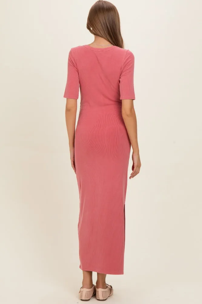 Dusty Rose Ruched Short Sleeve Side Slit Maternity Midi Dress sold by Pinkblush product image thumbnail 3