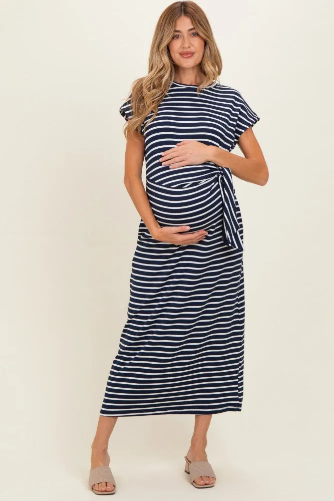 Navy Striped Side Tie Maternity Midi Dress sold by Pinkblush product image thumbnail 2