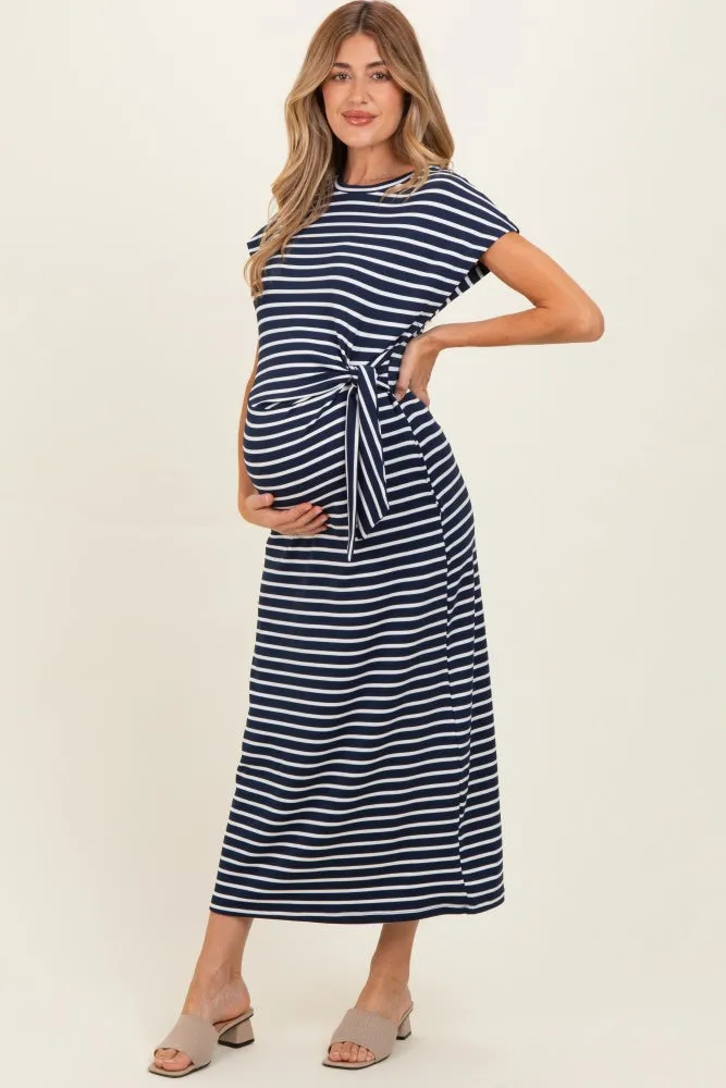 Navy Striped Side Tie Maternity Midi Dress sold by Pinkblush product image thumbnail 3
