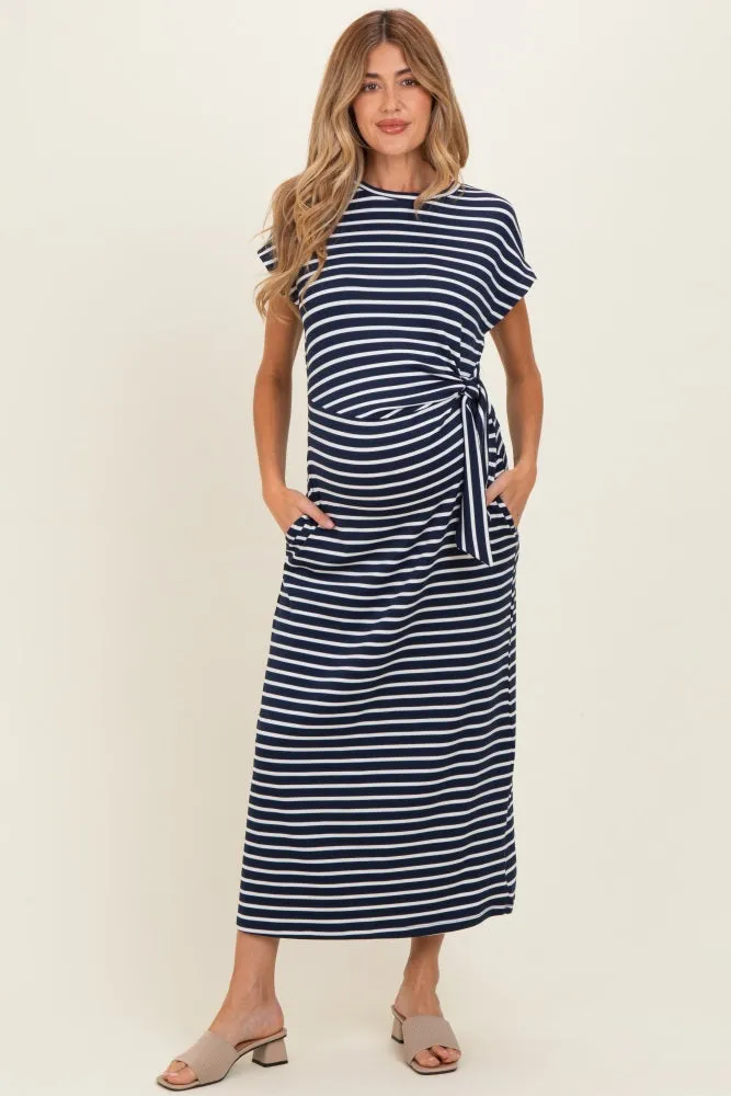 Navy Striped Side Tie Maternity Midi Dress sold by Pinkblush
