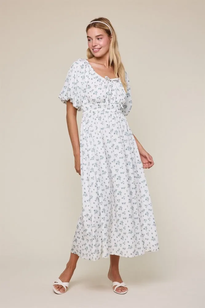 Ivory Floral Puff Sleeve Tie Front Midi Dress sold by Pinkblush product image thumbnail 2