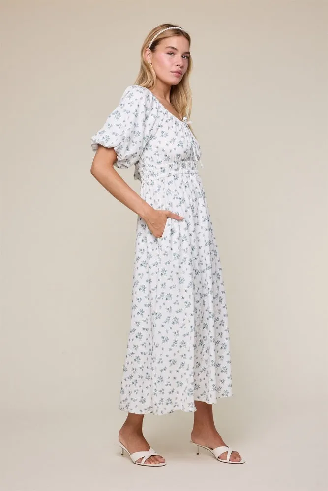 Ivory Floral Puff Sleeve Tie Front Midi Dress sold by Pinkblush product image thumbnail 3