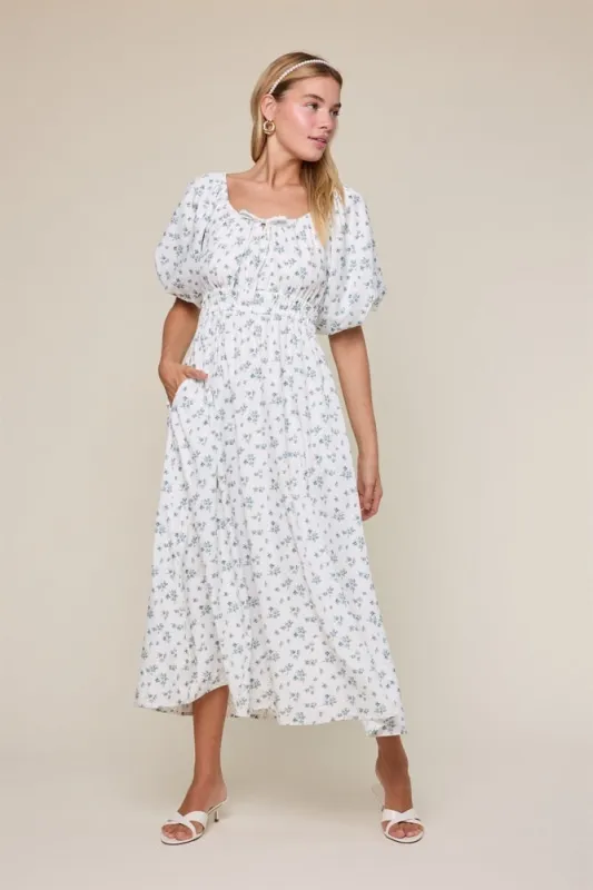 Ivory Floral Puff Sleeve Tie Front Midi Dress made by Wishlist