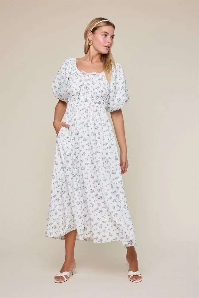 Ivory Floral Puff Sleeve Tie Front Midi Dress sold by Pinkblush