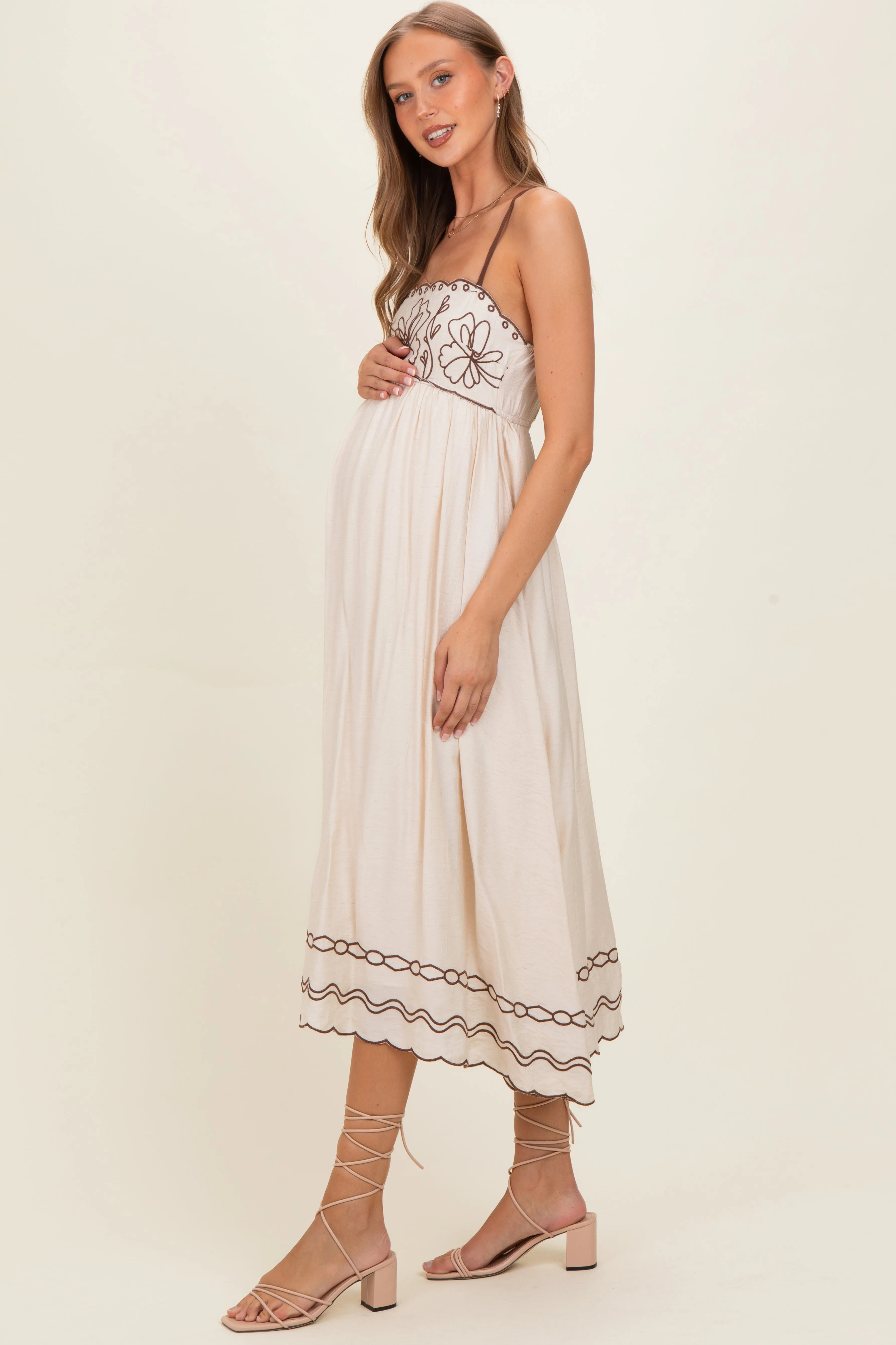 Brown Floral Embroidery Scalloped Midi Dress sold by Pinkblush product image thumbnail 2
