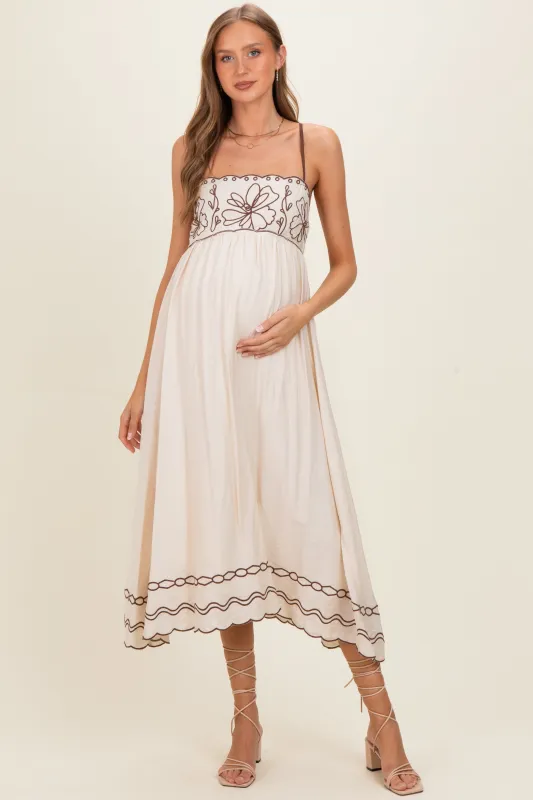 Brown Floral Embroidery Scalloped Midi Dress made by Blu Pepper