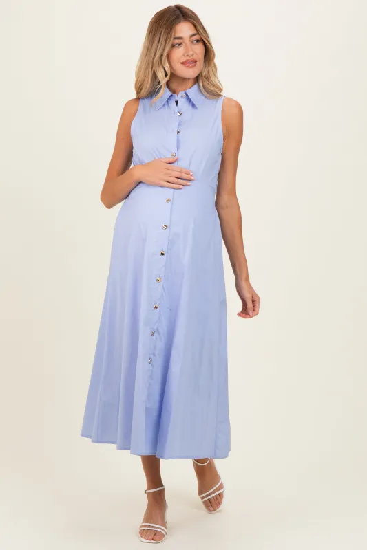 Chambray Button Up Sleeveless Maternity Midi Dress made by entro