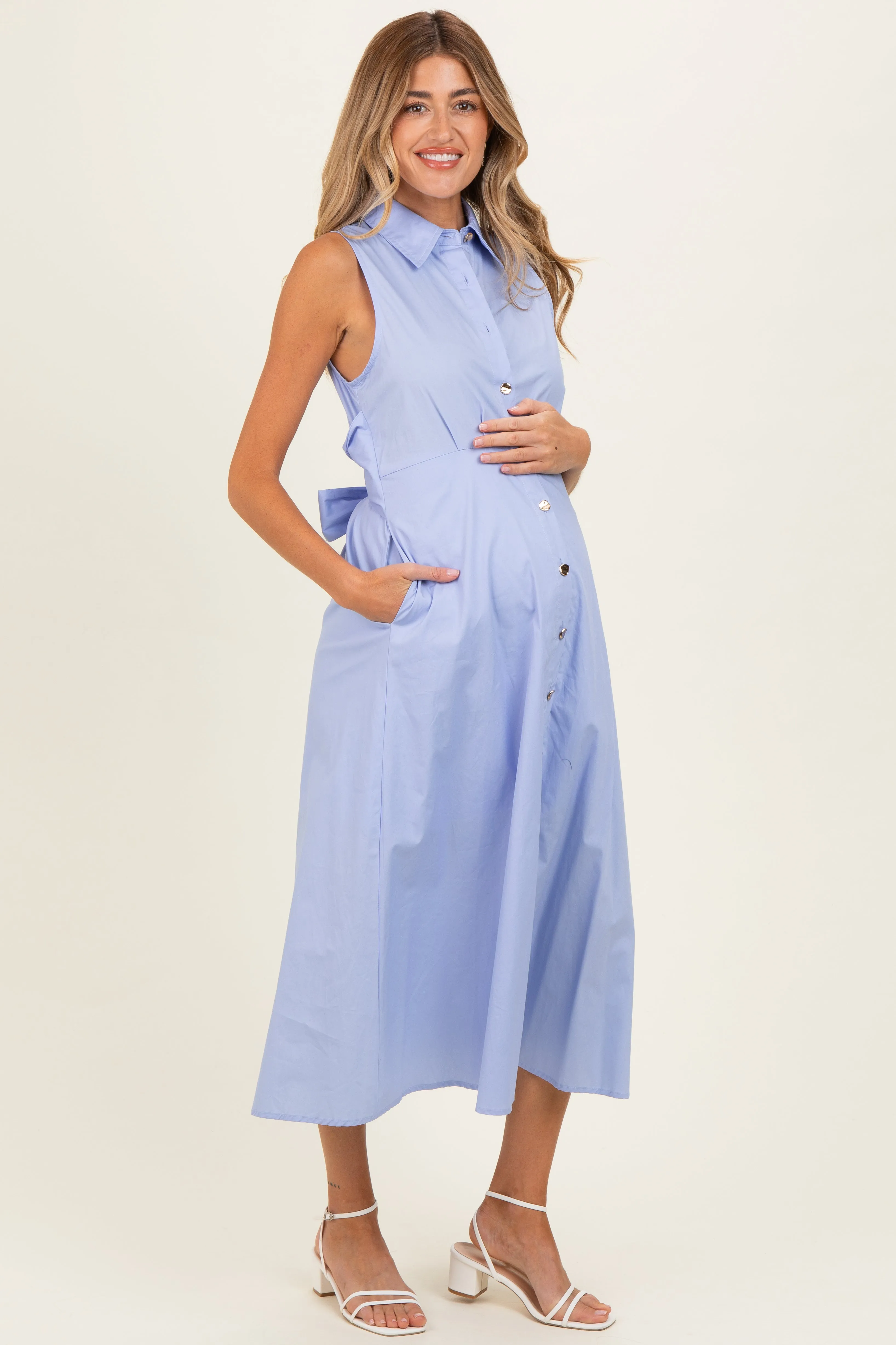 Chambray Button Up Sleeveless Maternity Midi Dress sold by Pinkblush product image thumbnail 2