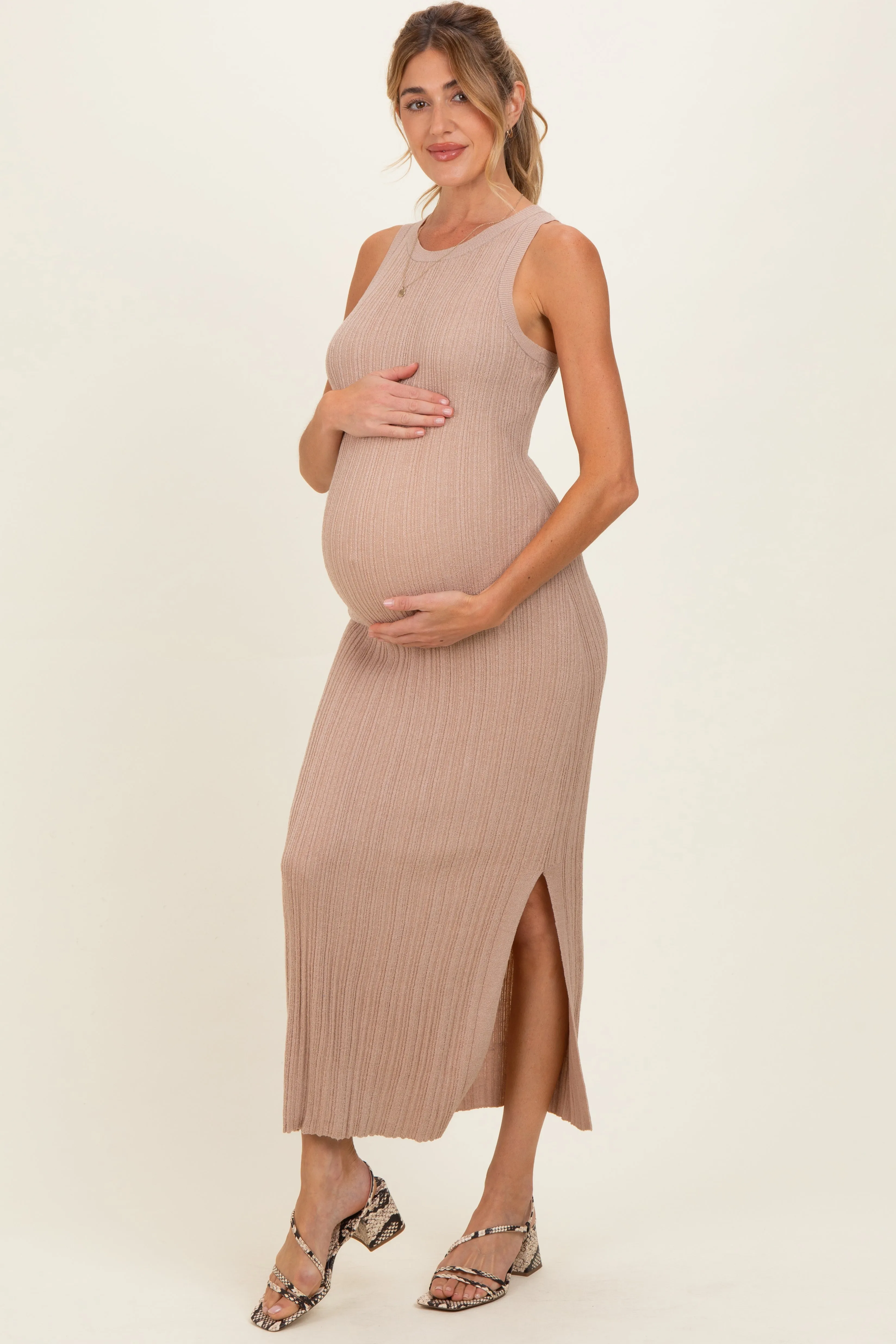 Latte High Neck Side Slit Maternity Midi Dress sold by Pinkblush product image thumbnail 2