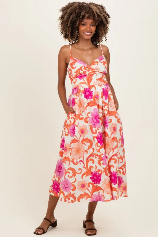 Ivory Pink Floral Wrap Maternity Midi Dress made by Flying Tomato
