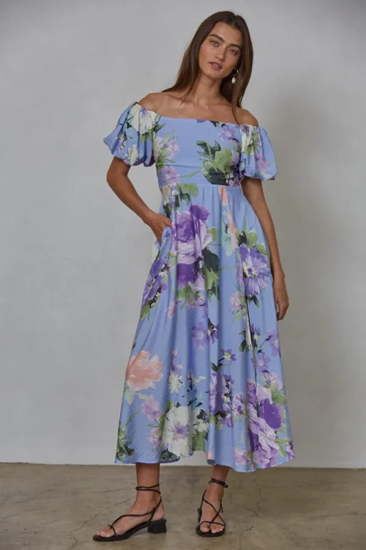 Periwinkle Floral Off Shoulder Balloon Sleeve Midi Dress made by By Together