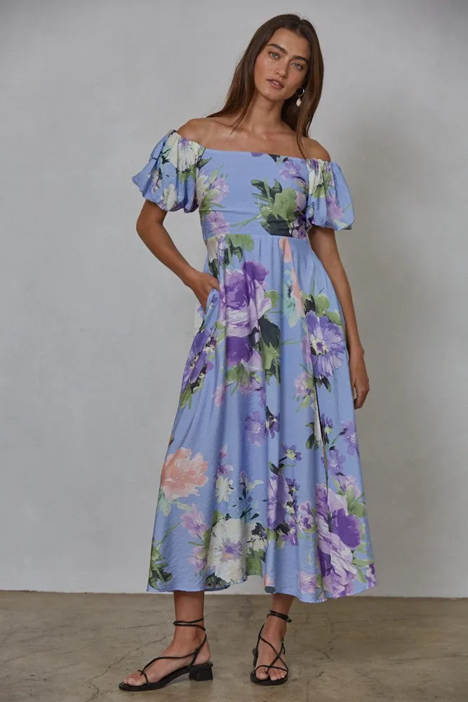 Periwinkle Floral Off Shoulder Balloon Sleeve Midi Dress sold by Pinkblush