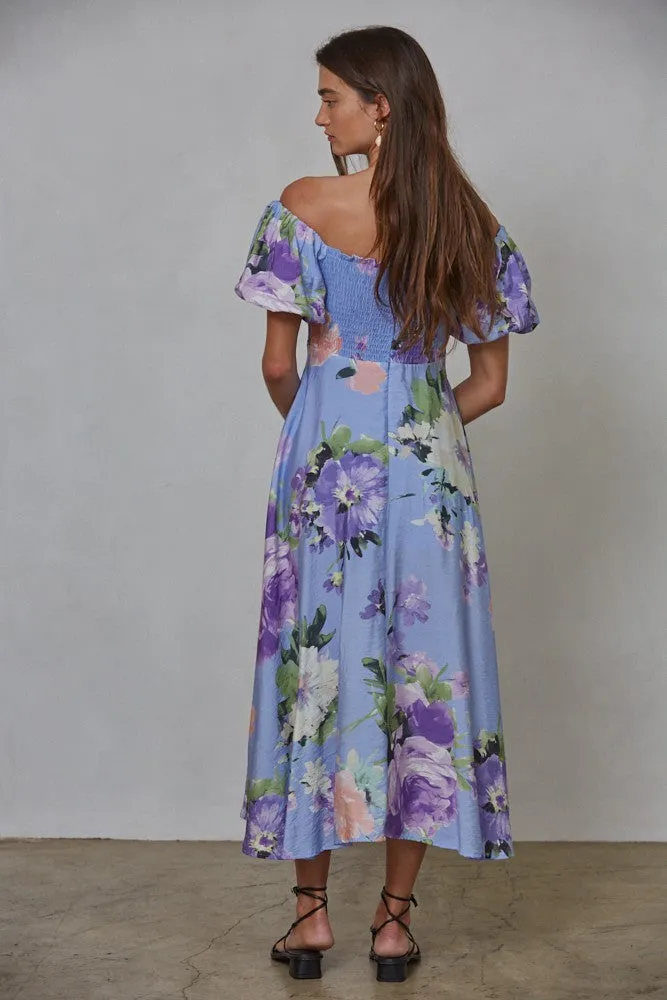 Periwinkle Floral Off Shoulder Balloon Sleeve Midi Dress sold by Pinkblush product image thumbnail 3