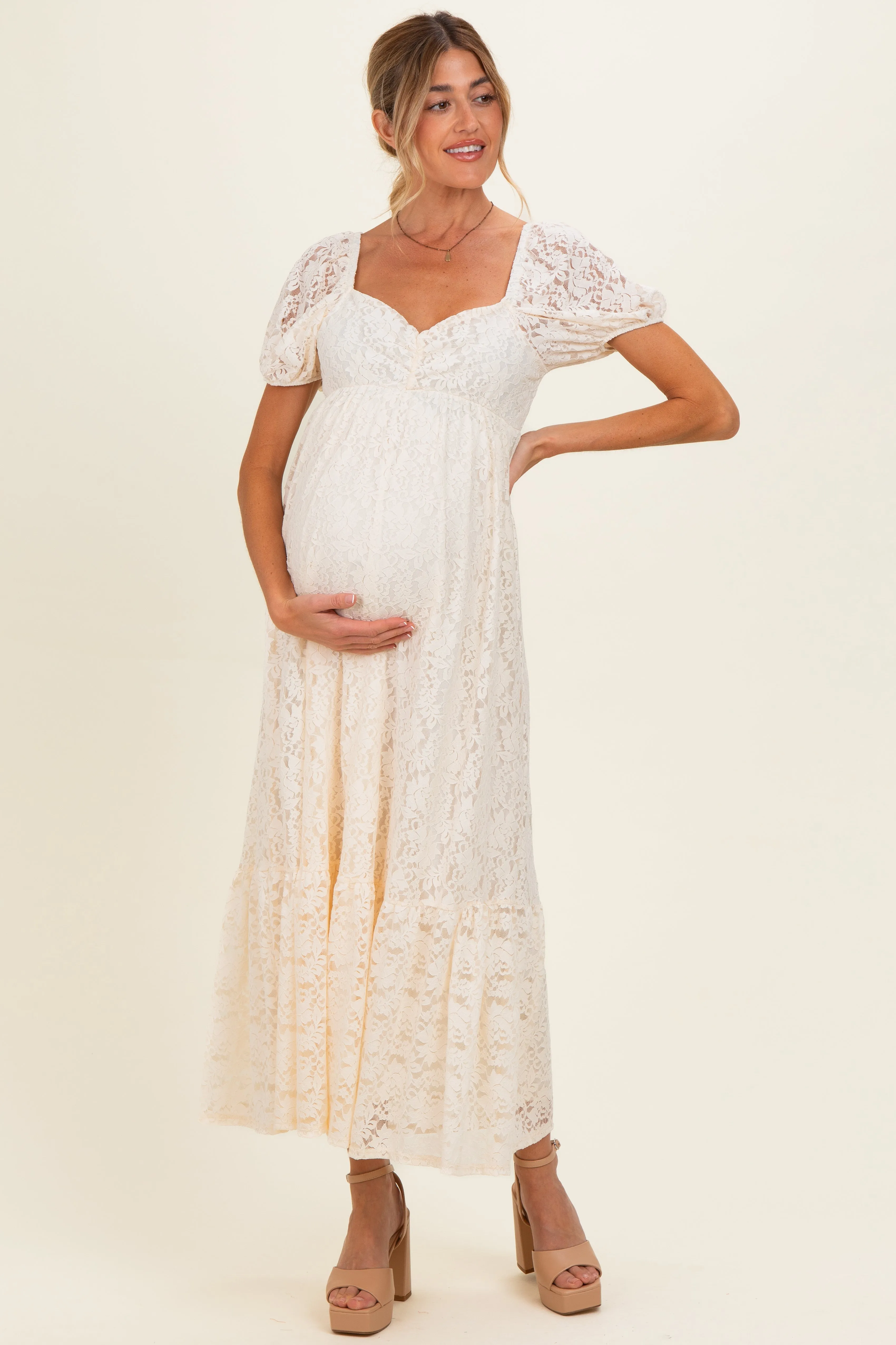 Ivory Lace Maternity Maxi Dress sold by Pinkblush