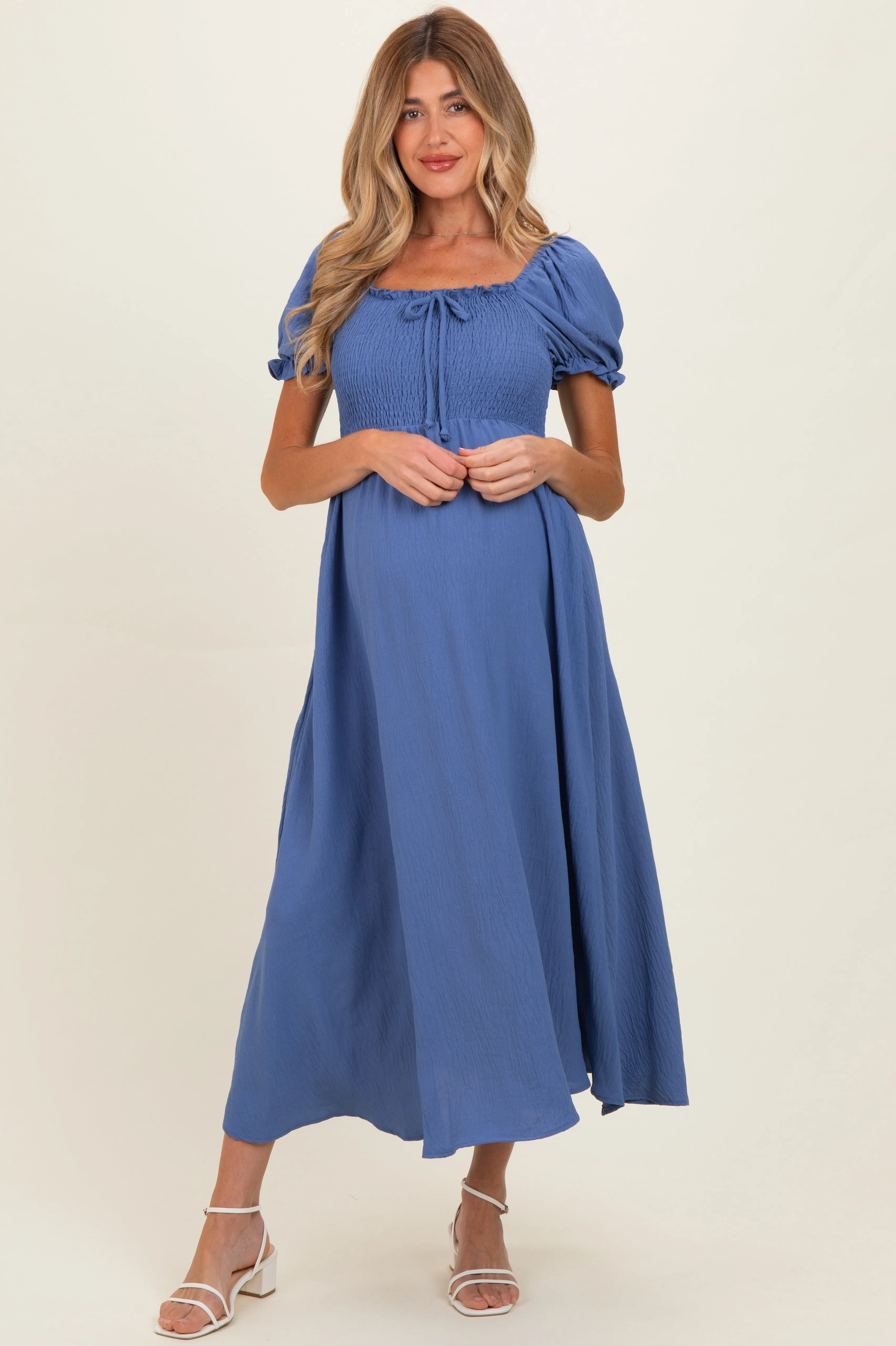 Blue Square Neck Puff Sleeve Maternity Midi Dress sold by Pinkblush